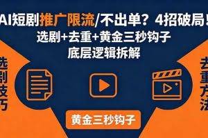 （18253期）AI短剧推广总被限流、不出单？4招选剧+去重技巧+黄金三秒钩子，手把手拆解底层逻辑