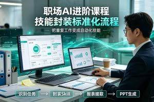 （19369期）职场AI进阶课程；多类实用Skill工具实操，专属技能封装标准化流程，报表行业报告一键提取核心内容