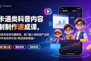 （19234期）卡通类科普内容制作速成课，兼具专业性与趣味性，低门槛入局持续产出稳拿平台伙伴计划+精选独家收益