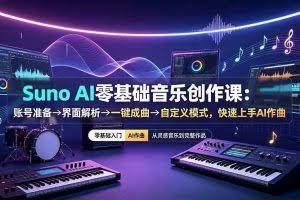 （19264期）Suno AI零基础音乐创作课：账号准备→界面解析→一键成曲→自定义模式，快速上手AI作曲